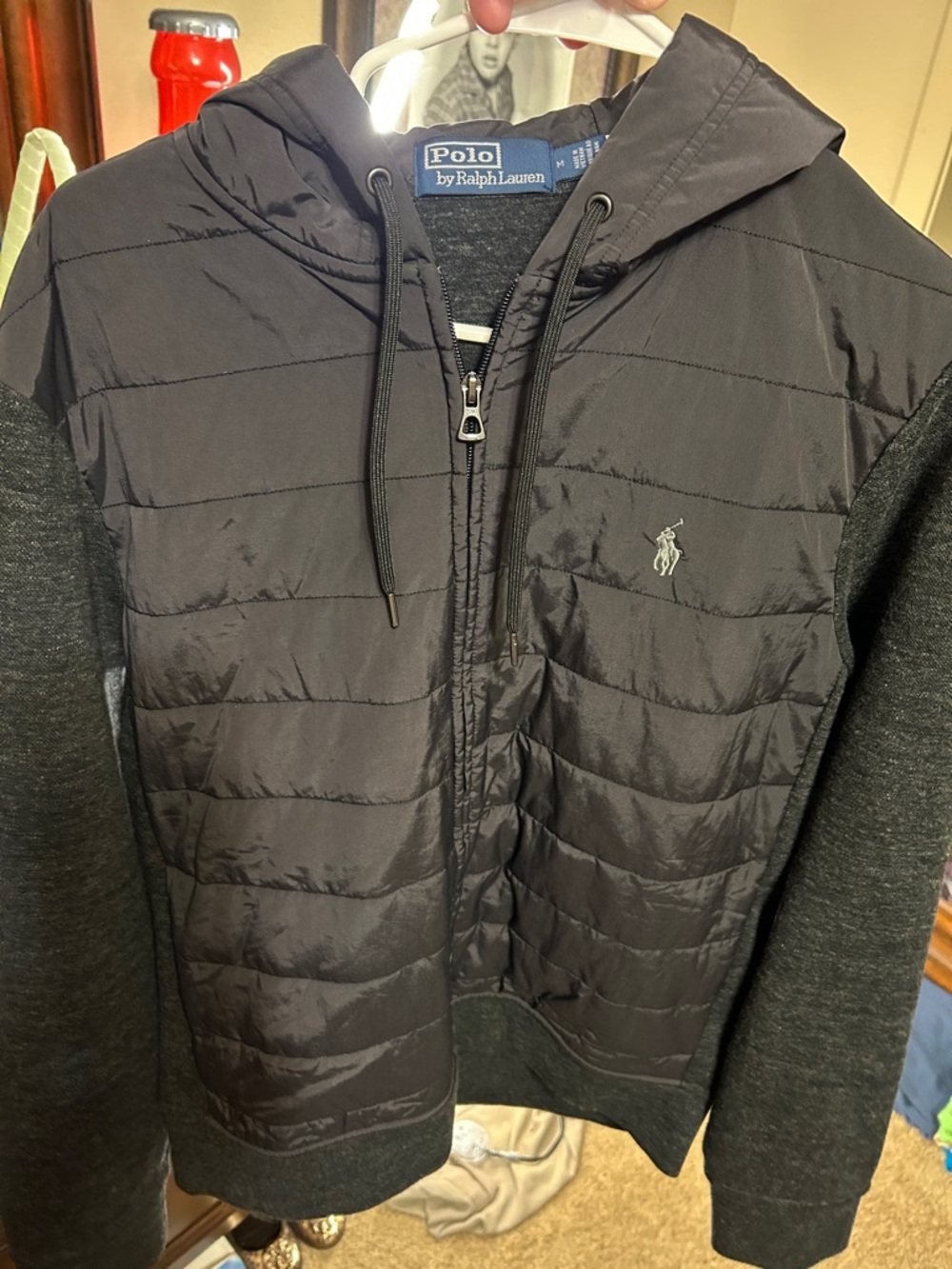 Polo by Ralph Lauren Hooded Quilted Puffer Jacket in Charcoal and Dark Gray